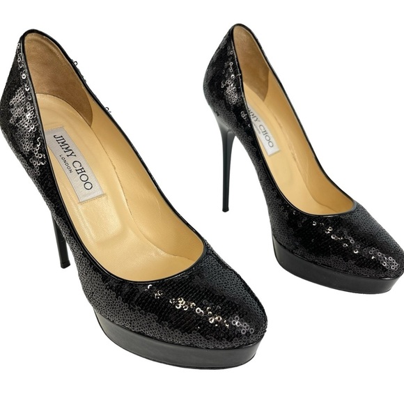 Jimmy Choo Cosmic Sequined Platform 120mm Heels Women’s 37 US 7 in Black - Picture 3 of 15